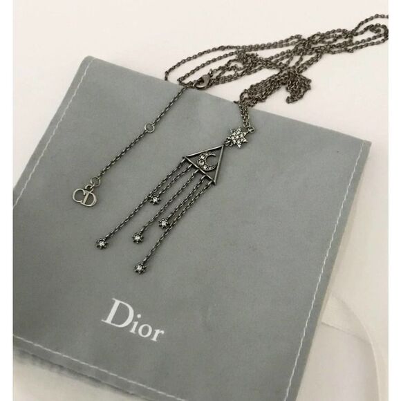 CHRISTIAN DIOR Silver Pendant Lariat Necklace MOON & STARS - Picture 12 of 13